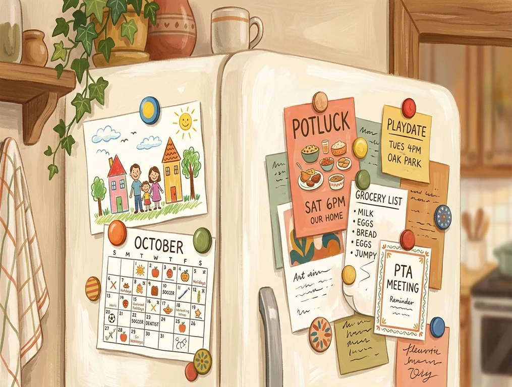 A fridge covered in a kid's drawing, a paper calendar, and scattered sticky notes — potluck, playdate, grocery list, PTA meeting.