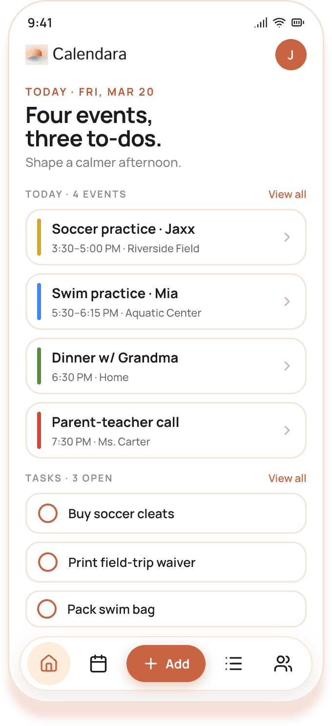 Today's events and to-dos in Calendara