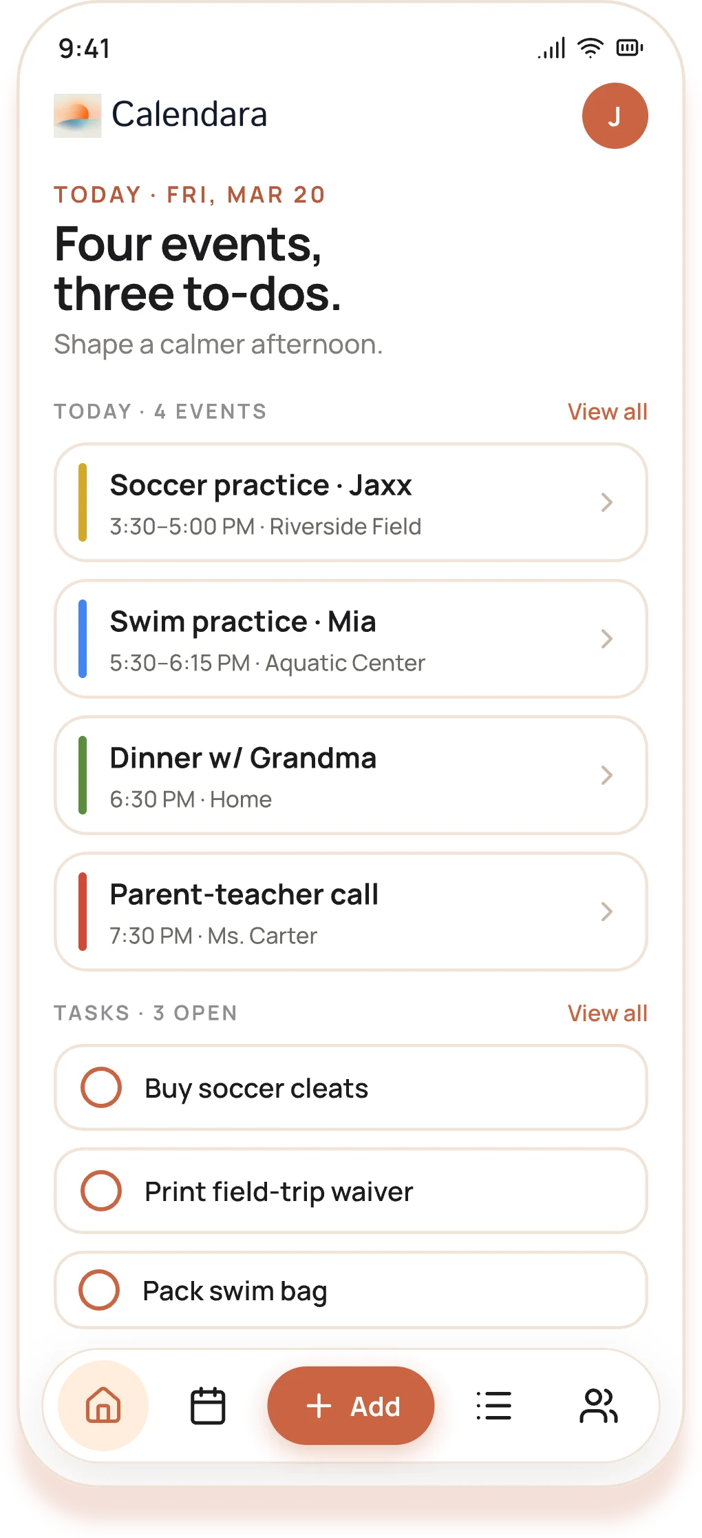 The Calendara app showing a family's day — four events and three to-dos.