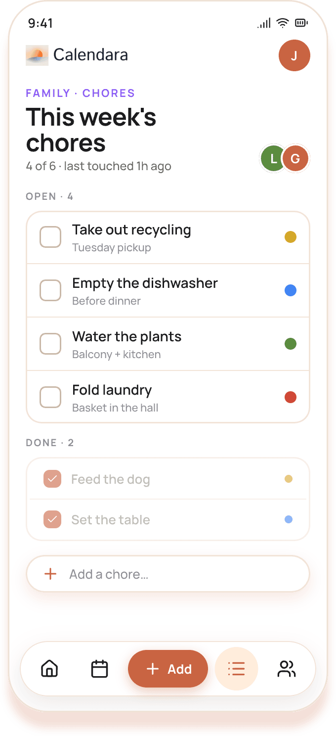 A shared family chores list with member color dots in Calendara