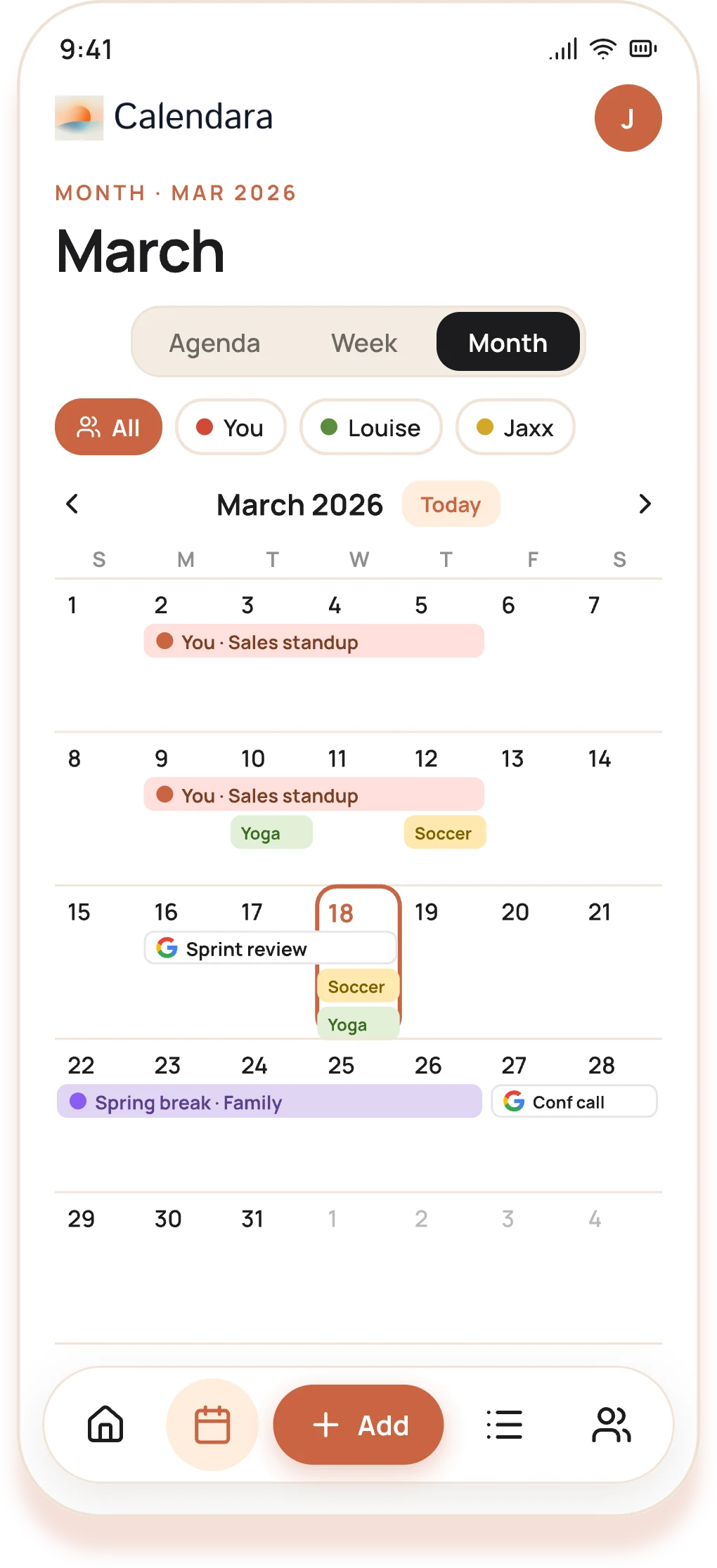 The shared family week in Calendara, color-coded by member.