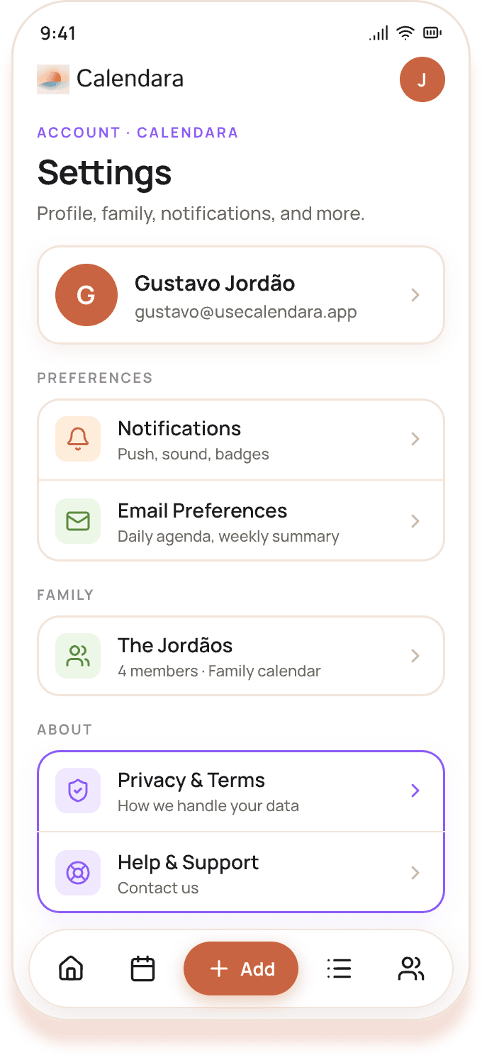 Calendara settings with family and privacy controls