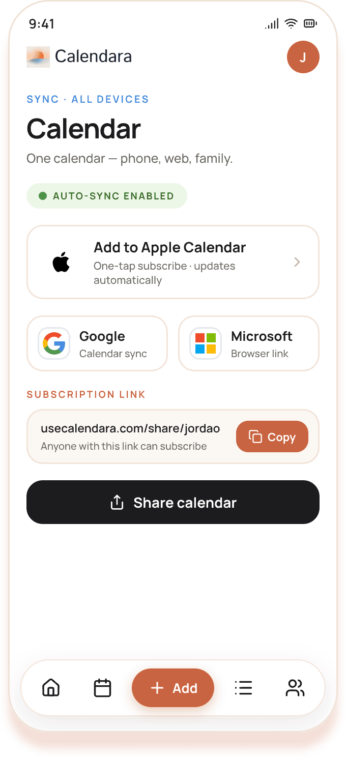 Calendar sync and sharing options in Calendara